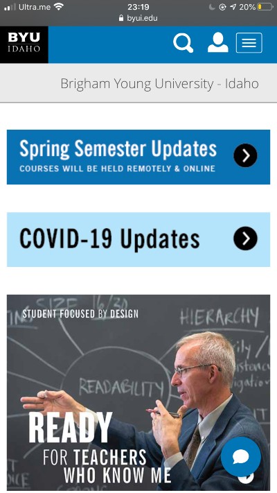 mobile view of byui.edu homepage